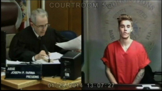Pop singer Justin Bieber appears in front of Judge Joseph Farina by video link in this still image from video from Miami