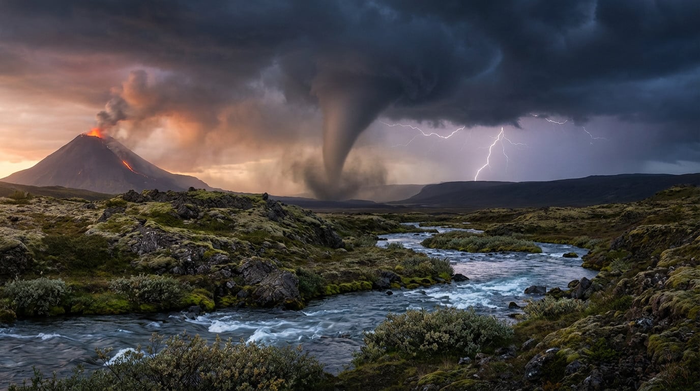 converging forces volcano tornado lightning