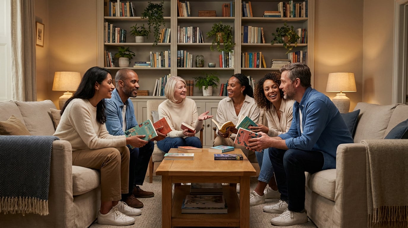 engaging book club in a warm home setting