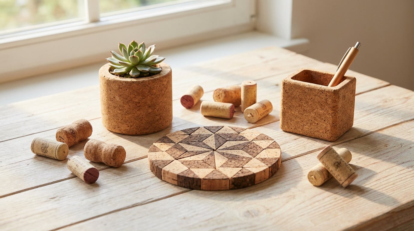 upcycled cork crafts on a sunny table