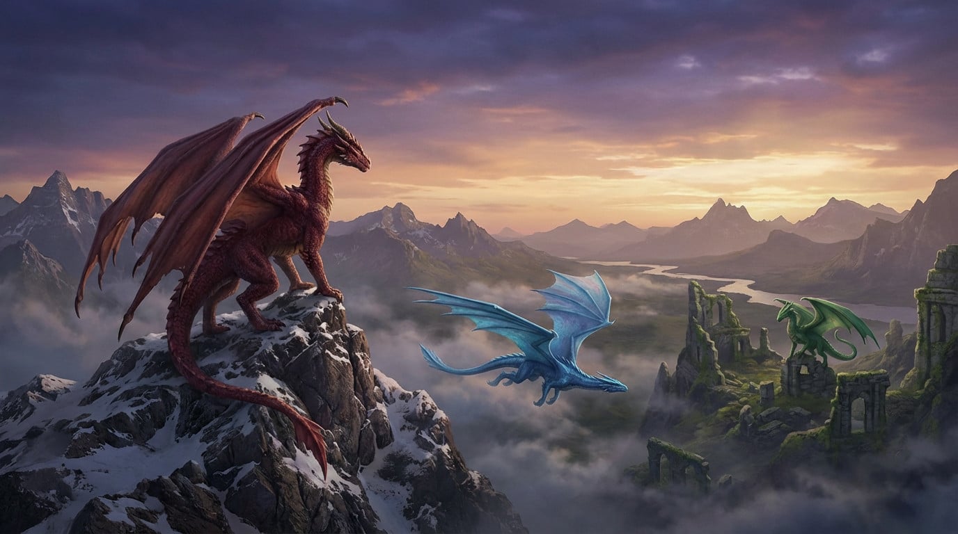 Epic twilight scene: A red dragon on a snowy peak, a blue dragon flying, and a green dragon on ancient ruins in a vast mountain landscape.