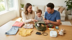 A joyful family, including parents and a toddler, laughs while organizing travel essentials like clothes, a backpack, and diapers on a table.