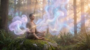 Gender-neutral figure meditating on mossy rock in misty forest at dawn, surrounded by ethereal light forms and golden guidance tendrils.