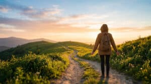 Gender-neutral individual on a winding dirt path through sunlit green hills at golden hour, facing a bright, hopeful horizon.