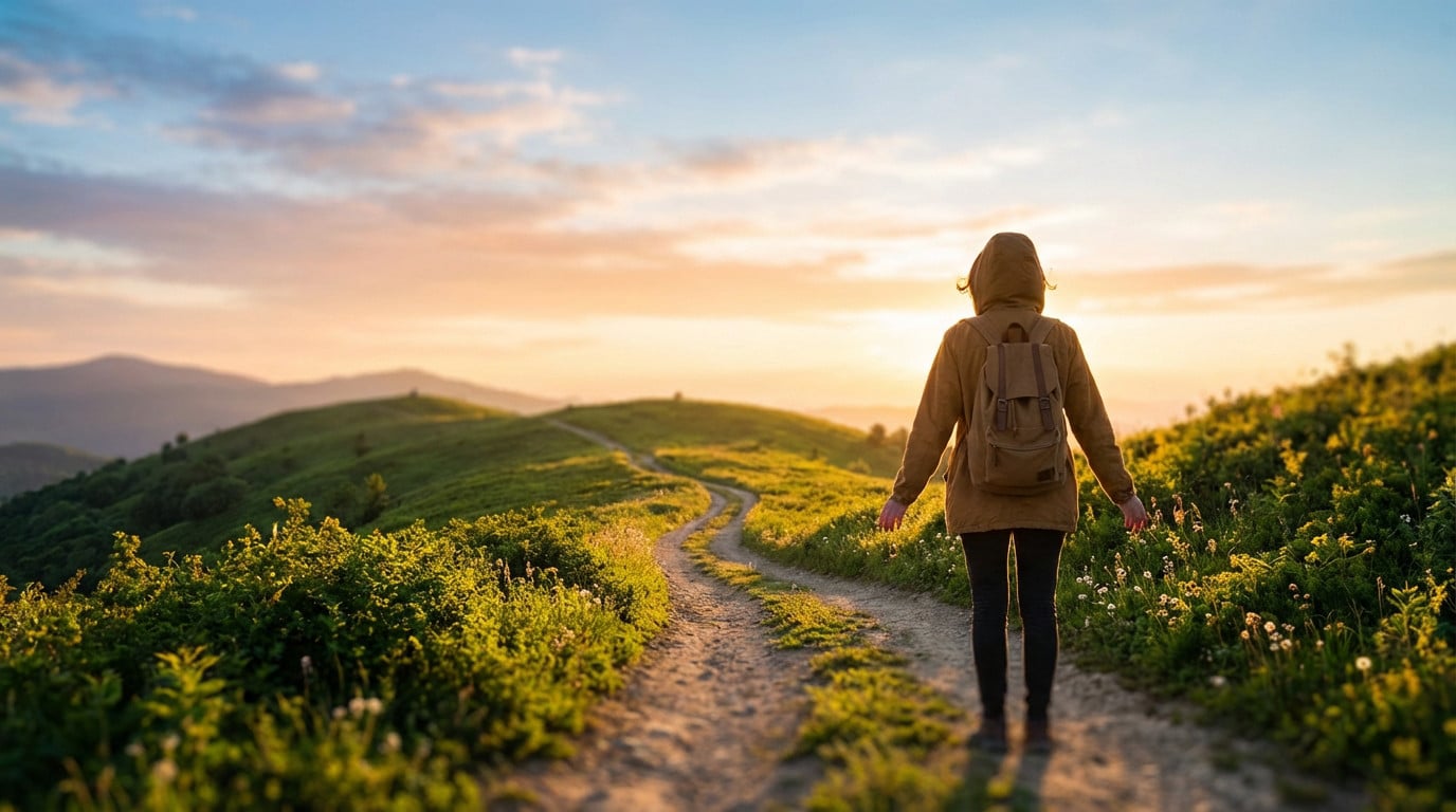 Gender-neutral individual on a winding dirt path through sunlit green hills at golden hour, facing a bright, hopeful horizon.