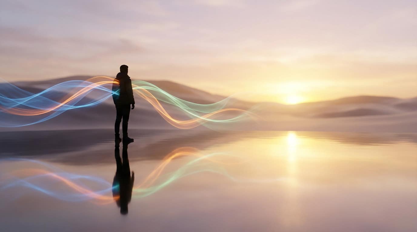 A person's silhouette stands on a reflective surface, facing a vibrant sunrise. Blue, orange, and green light streams flow from them towards the horizon.